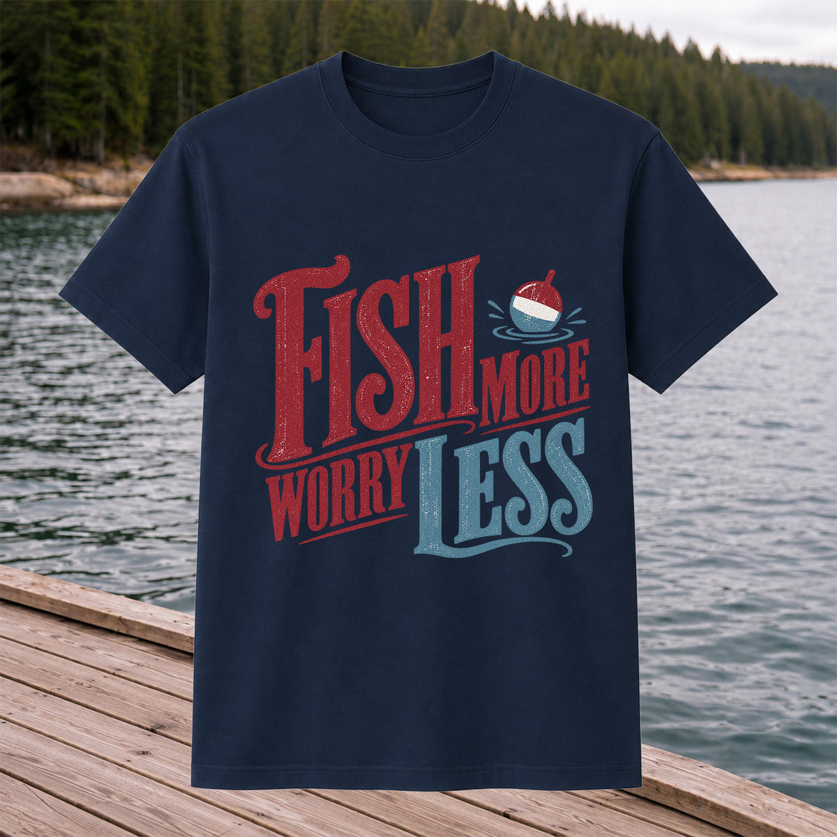 Fish More Worry Less Vintage Bobber Fishing Graphic T-Shirt