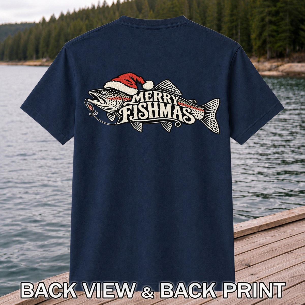 Merry Fishmas Rainbow Trout with Red Santa Hat and Lure Fishing T-Shirt | Back Print