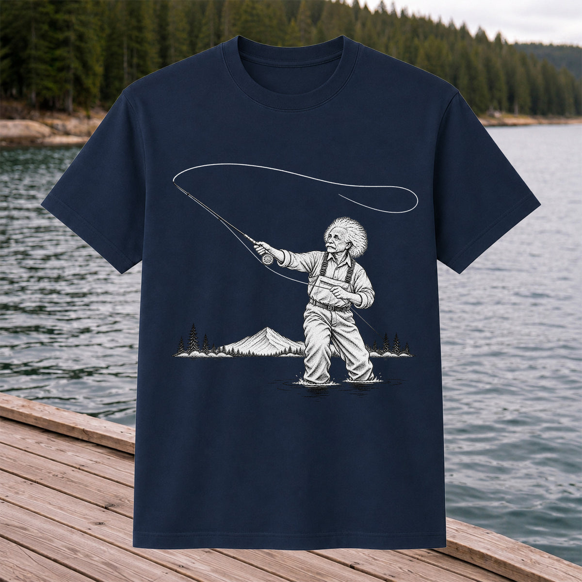Vintage Fly Fisherman Mountain Lake Fishing Graphic T-Shirt