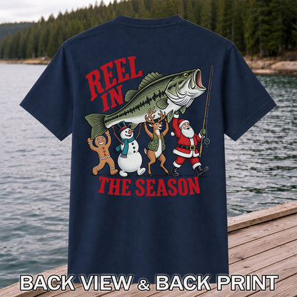 Reel in the Season Bass Christmas Fishing Graphic T-Shirt | Back Print