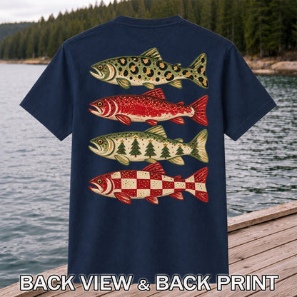 Four Seasonal Trout Patterns Christmas Fishing Graphic T-Shirt | Back Print