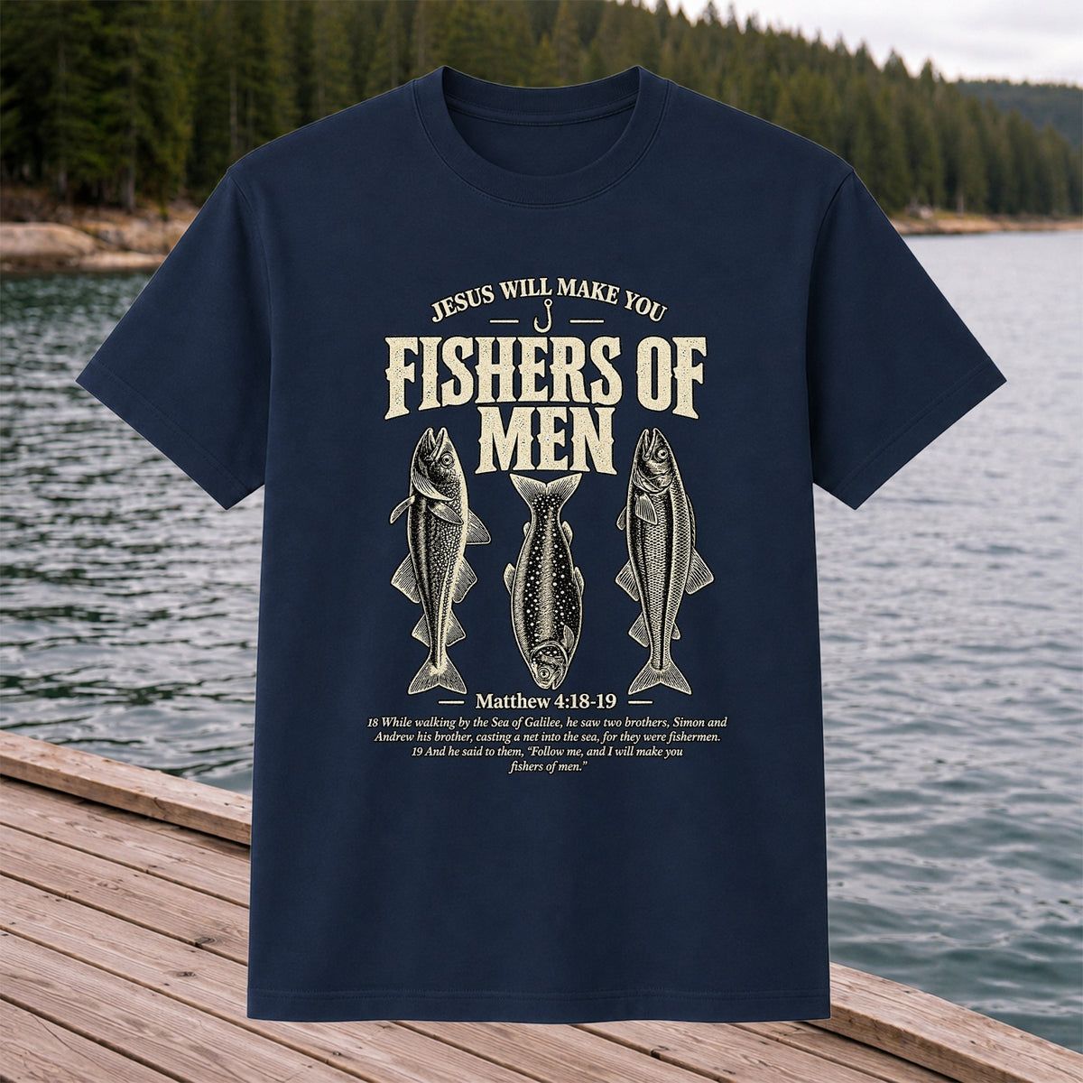 Jesus Will Make You Fishers of Men Matthew 4:18-19 Vintage Fish Graphic T-Shirt