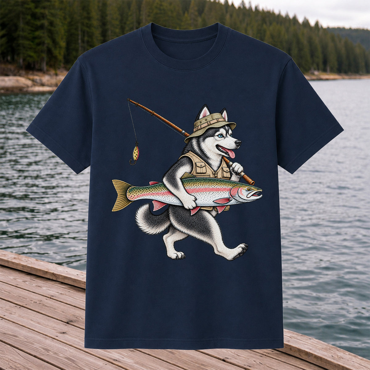 Husky Holding Rainbow Trout Fishing Graphic T-Shirt