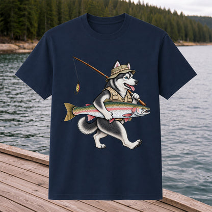 Husky Holding Rainbow Trout Fishing Graphic T-Shirt