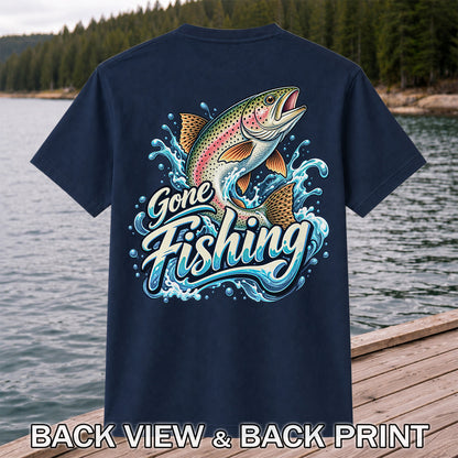 Gone Fishing Jumping Rainbow Trout Splash Graphic T-Shirt | Back Print
