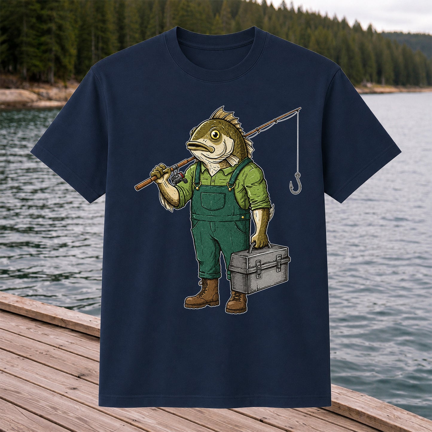 Funny Bass Fisherman Carrying Tackle Box Graphic T-Shirt