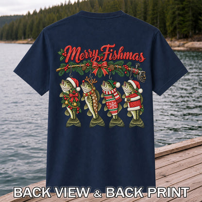 Merry Fishmas Christmas Bass Fishing Graphic T-Shirt | Back Print