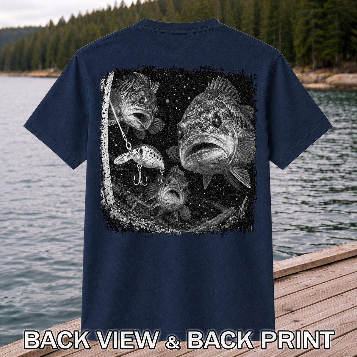 Vintage Bass Fishing Graphic T-Shirt with Underwater Fish Artwork | Back Print