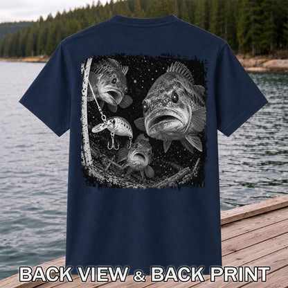 Vintage Bass Fishing Graphic T-Shirt with Underwater Fish Artwork | Back Print