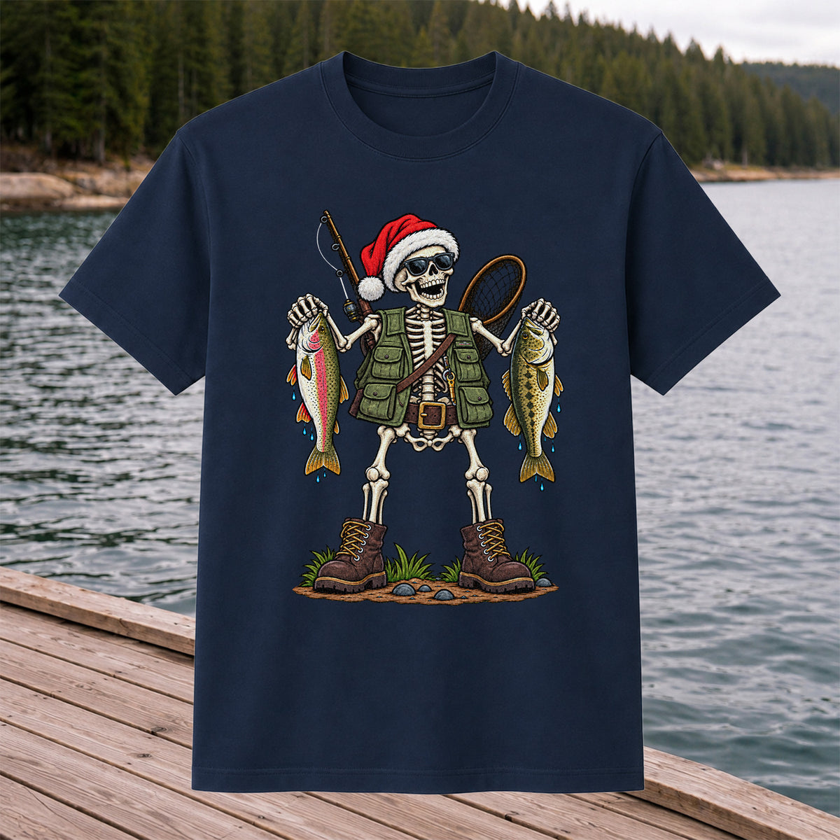 Santa Hat Skeleton Holding Trout and Bass Christmas Fishing T-Shirt