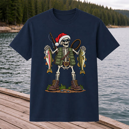 Santa Hat Skeleton Holding Trout and Bass Christmas Fishing T-Shirt