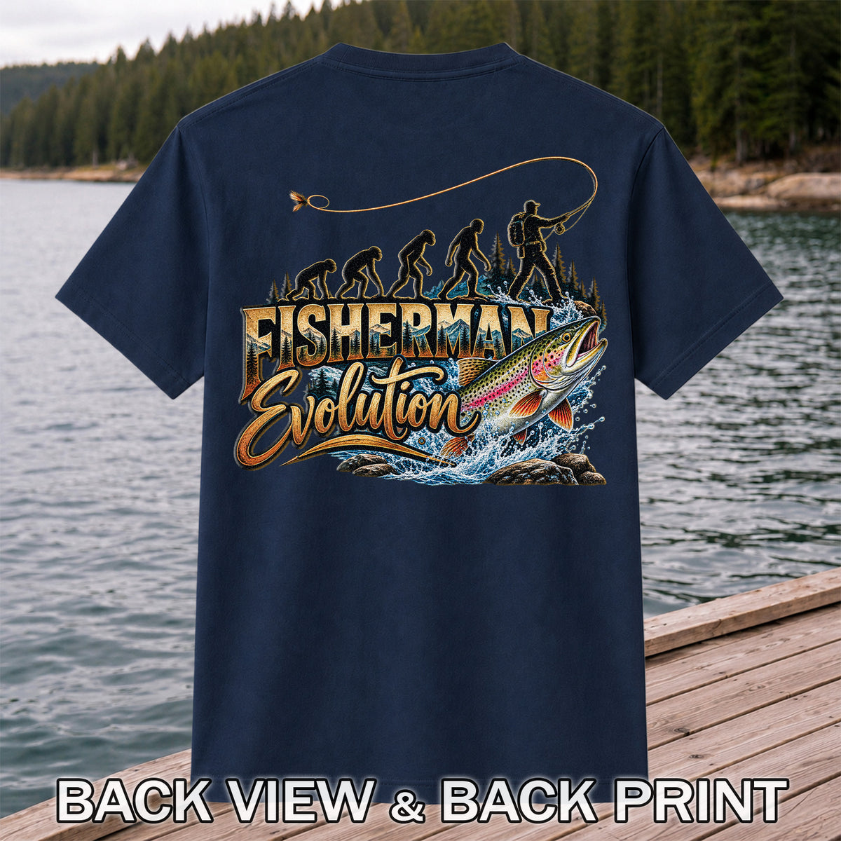 Fisherman Evolution Rainbow Trout Fly Fishing Graphic T-Shirt | Back Print