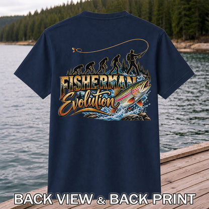 Fisherman Evolution Rainbow Trout Fly Fishing Graphic T-Shirt | Back Print