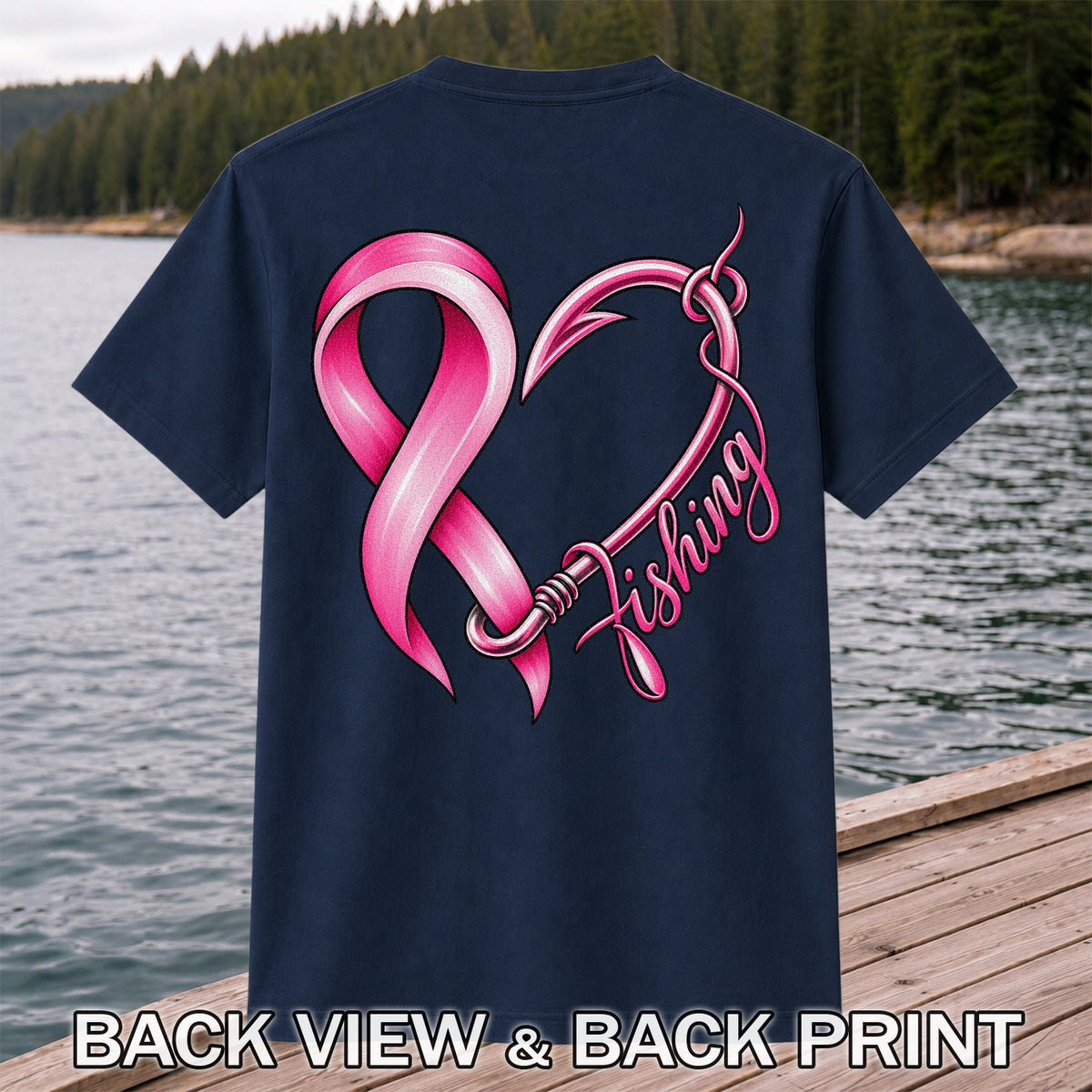 Pink Ribbon Heart Fish Hook Fishing Graphic T-Shirt | Back Print