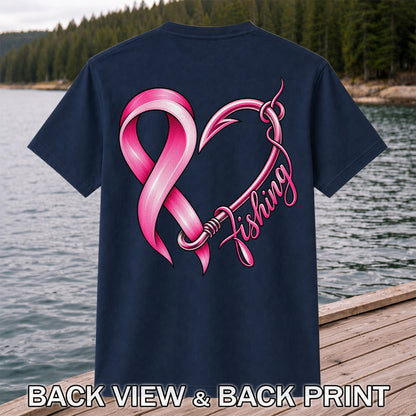 Pink Ribbon Heart Fish Hook Fishing Graphic T-Shirt | Back Print