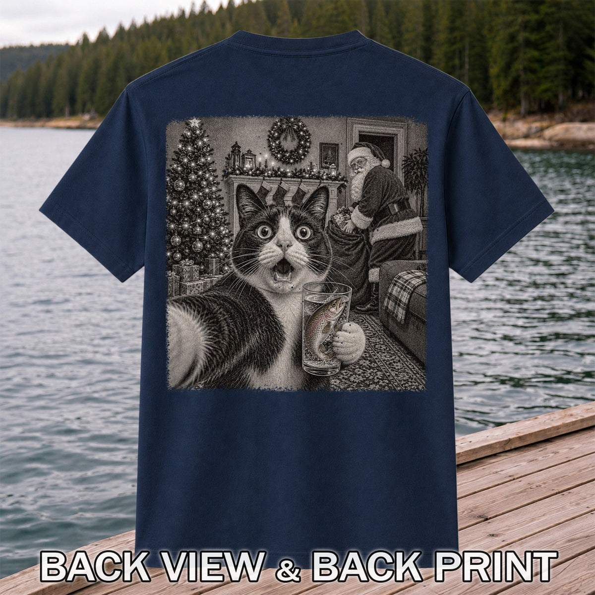 Christmas Cat Holding a Fish Mug Holiday Graphic T-Shirt | Back Print