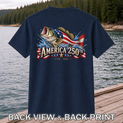America 250th 1776–2026 American Flag Bass Fishing T-Shirt | Back Print