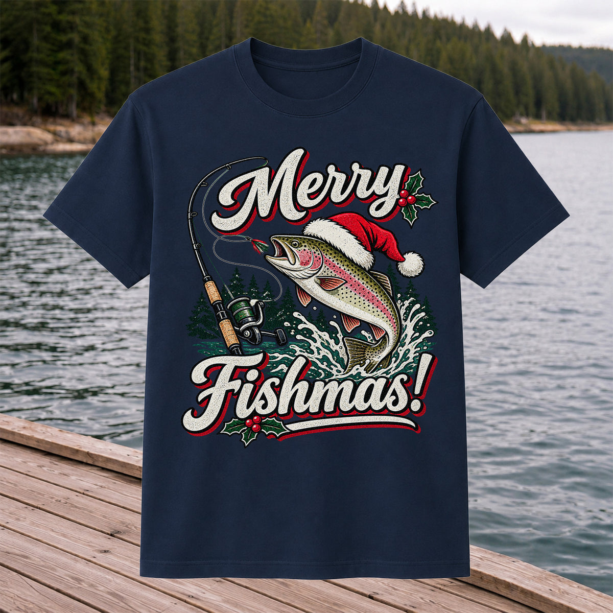 Merry Fishmas Rainbow Trout in Santa Hat Christmas Fishing T-Shirt, Trout Fishing