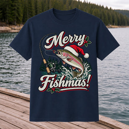 Merry Fishmas Rainbow Trout in Santa Hat Christmas Fishing T-Shirt, Trout Fishing
