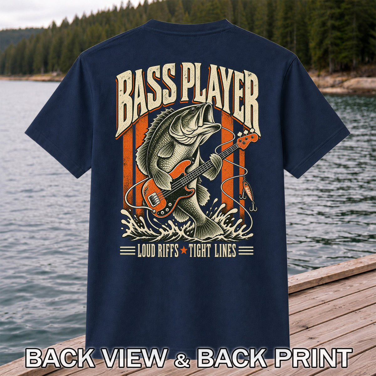 Bass Playing Guitar Vintage Fishing Graphic T-Shirt | Back Print
