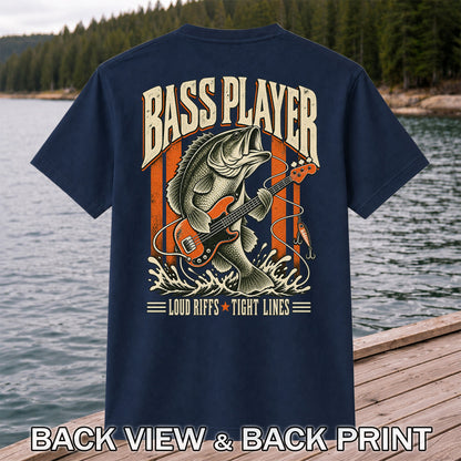Bass Playing Guitar Vintage Fishing Graphic T-Shirt | Back Print