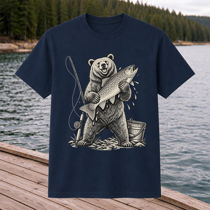 Bear Holding Trout Fishing Graphic T-Shirt