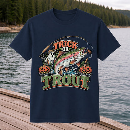 Trick or Trout Rainbow Trout Ghost and Pumpkins Halloween Fishing T-Shirt