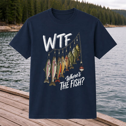 WTF Where's the Fish Trout and Bass Stringer Funny Fishing T-Shirt
