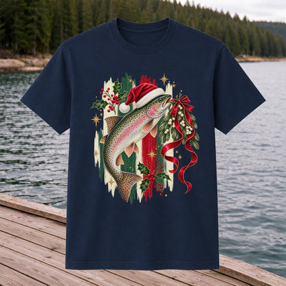 Christmas Santa Hat Rainbow Trout Fishing Graphic T-Shirt