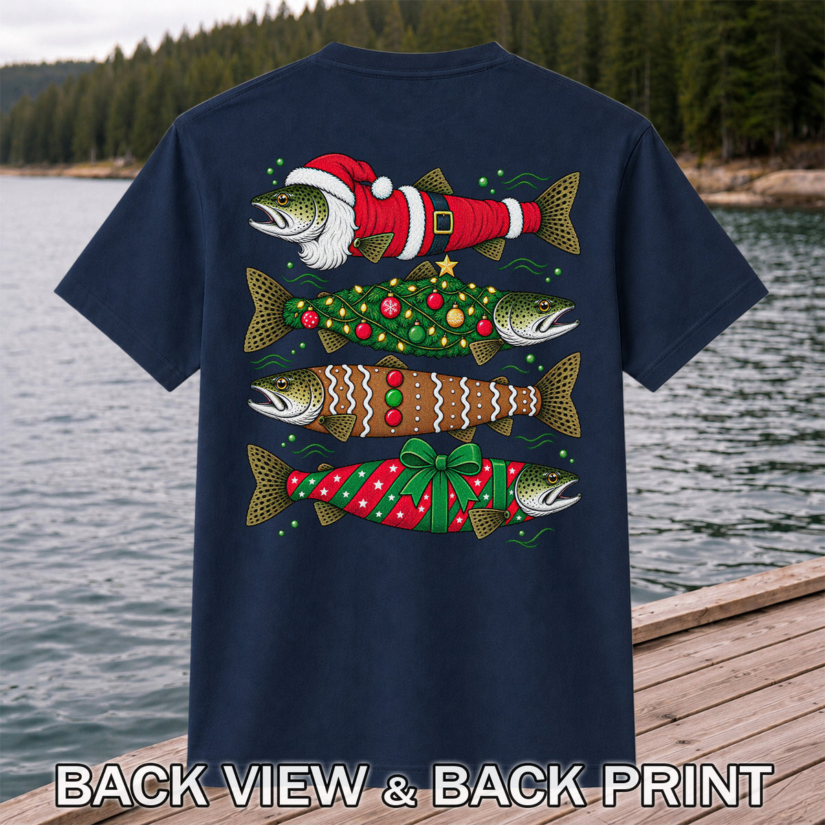 Christmas Trout Santa Tree and Gift Wrap Fishing T-Shirt | Back Print