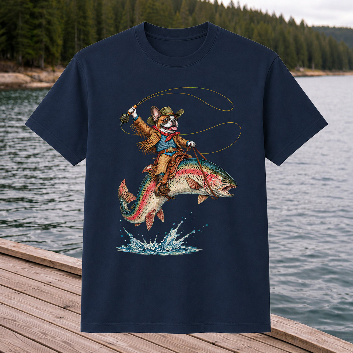 Cowboy French Bulldog Riding a Rainbow Trout Fishing T-Shirt