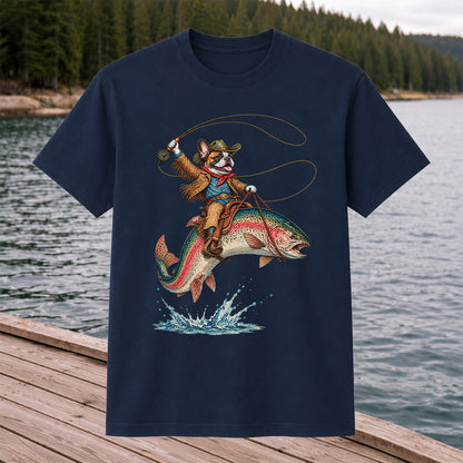 Cowboy French Bulldog Riding a Rainbow Trout Fishing T-Shirt