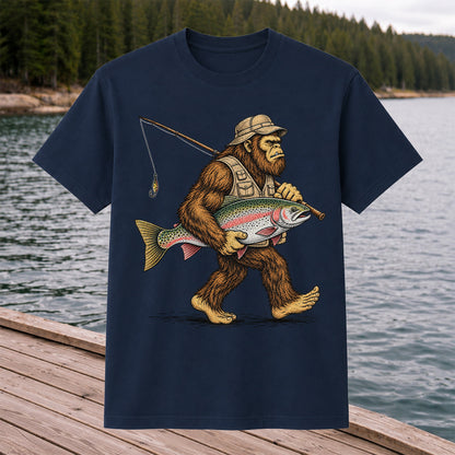 Bigfoot Holding Rainbow Trout Vintage Fishing Graphic T-Shirt
