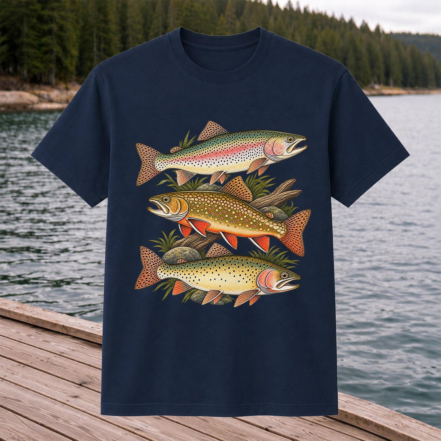 Vintage Rainbow Brook and Brown Trout Fishing Graphic T-Shirt