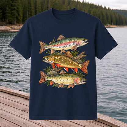 Vintage Rainbow Brook and Brown Trout Fishing Graphic T-Shirt