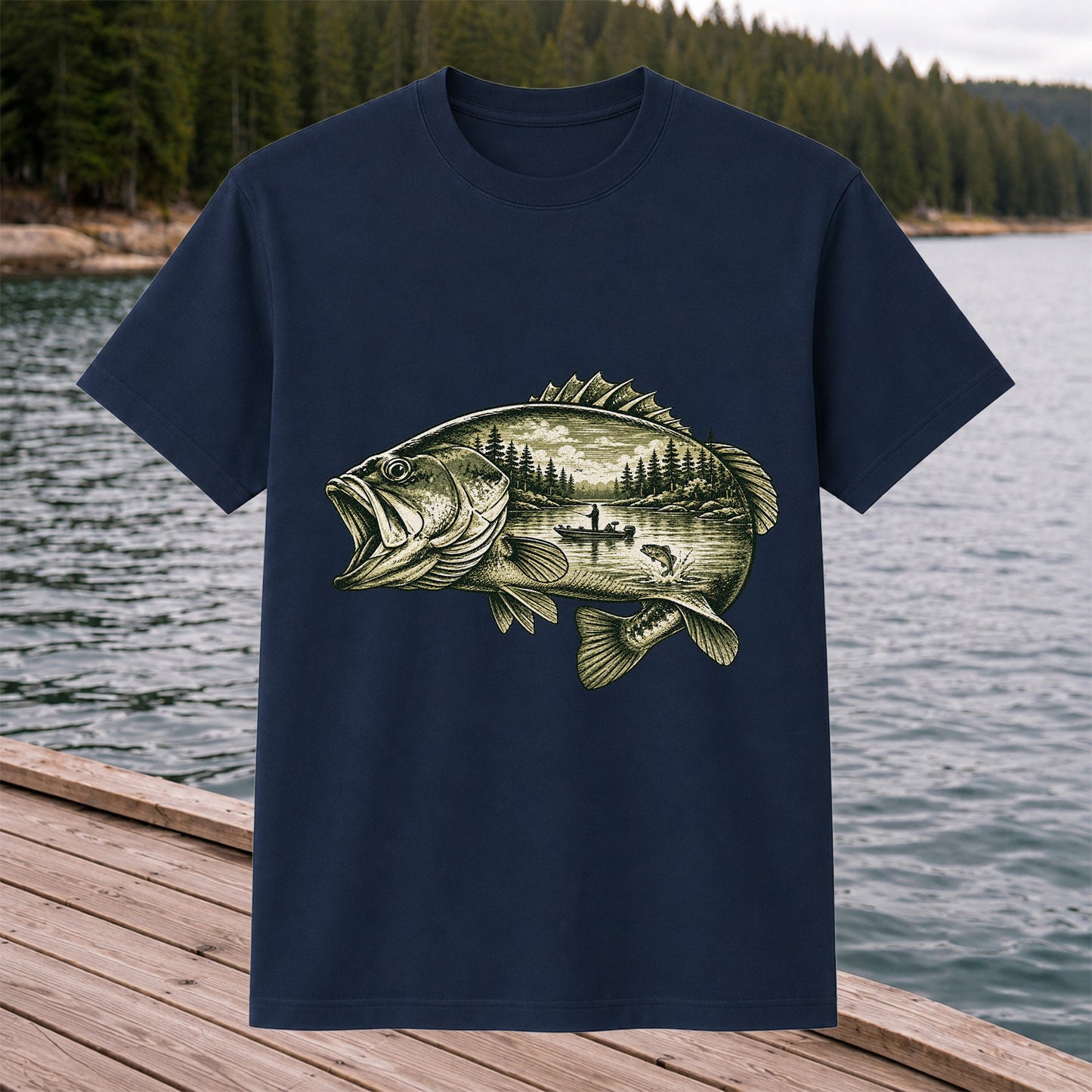 Vintage Bass Lake Fishing Scene Graphic T-Shirt