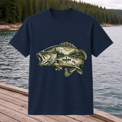 Vintage Bass Lake Fishing Scene Graphic T-Shirt