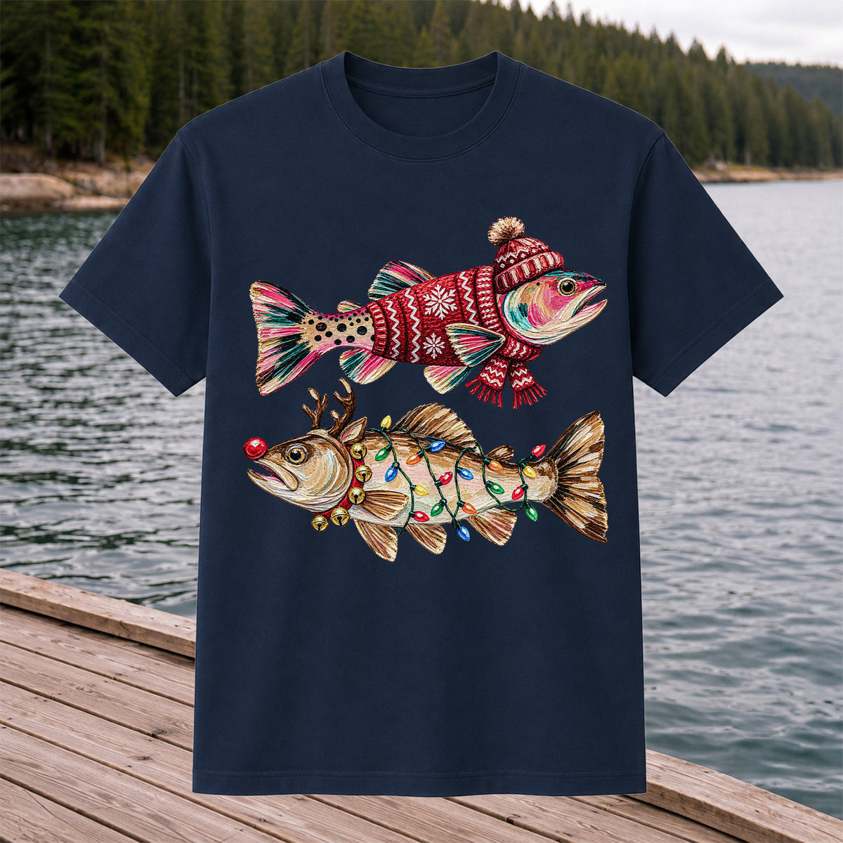 Festive Christmas Fish with Lights Fishing Graphic T-Shirt