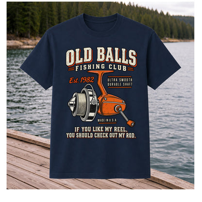Old Balls Fishing Club Vintage Spinning Reel Graphic T-Shirt