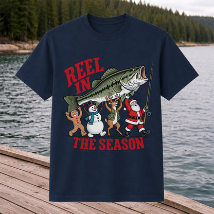 Reel in the Season Bass Christmas Fishing Graphic T-Shirt