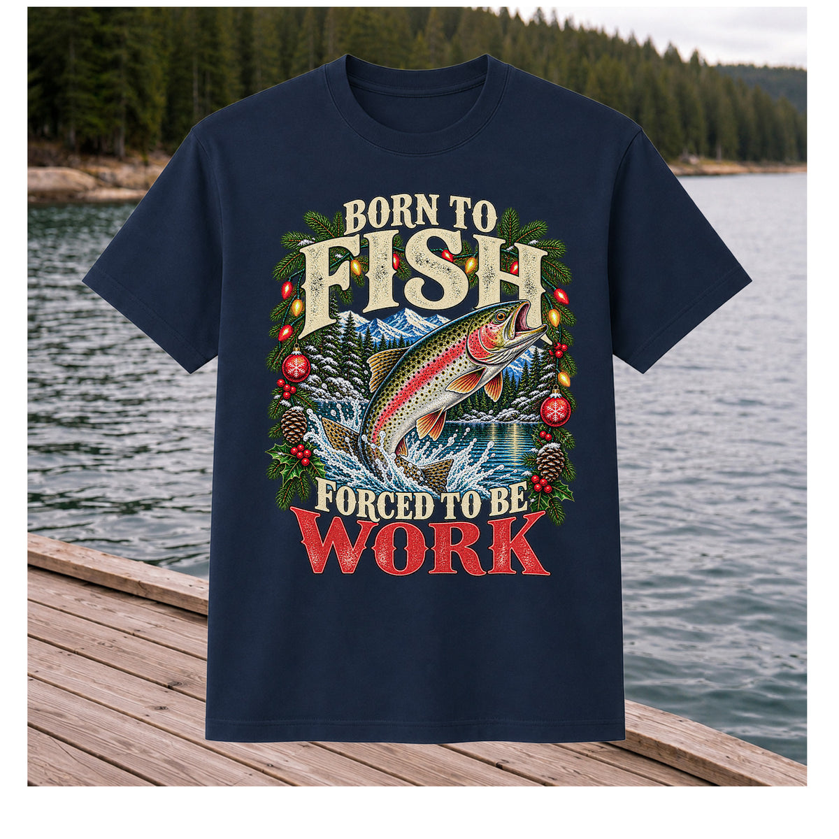 Born to Fish Forced to Be Work Christmas Trout T-Shirt