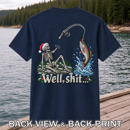 Well, Shit... Skeleton and Leaping Rainbow Trout Christmas Fishing T-Shirt | Back Print