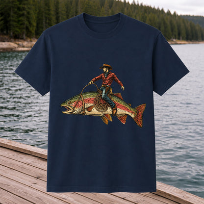 Cowboy Riding Rainbow Trout T-Shirt Vintage Western Fishing Tee