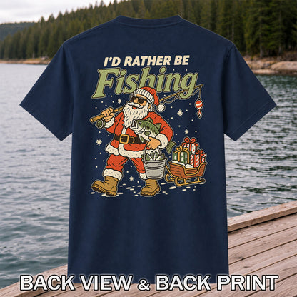 Santa Claus Fishing with Bass Christmas T-Shirt | Back Print