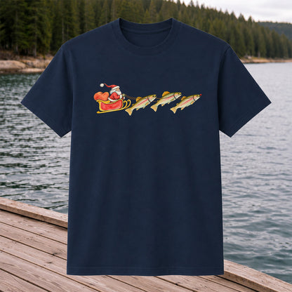 Santa Sleigh Pulling Rainbow Trout Fishing Graphic T-Shirt