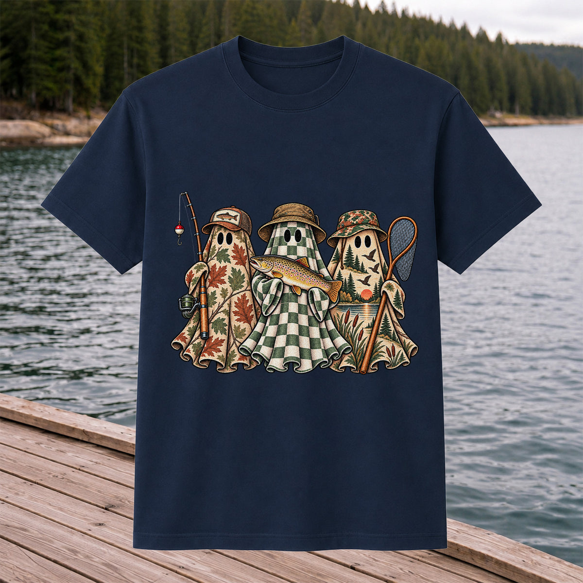 Autumn Ghost Trio with Brown Trout Halloween Fishing T-Shirt