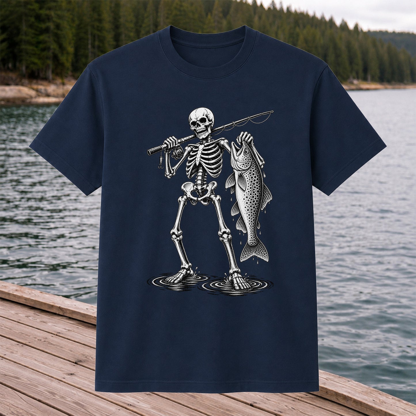 Skeleton Angler Holding a Trout Fishing Graphic T-Shirt