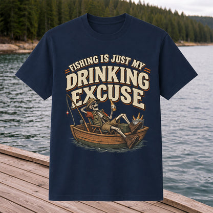 Fishing Is Just My Drinking Excuse Skeleton Angler T-Shirt