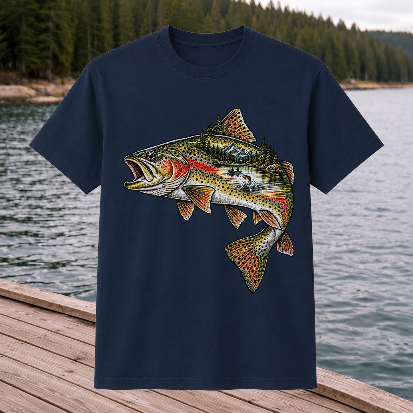 Rainbow Trout Mountain Lake Fishing Scene Graphic T-Shirt