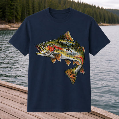 Rainbow Trout Mountain Lake Fishing Scene Graphic T-Shirt